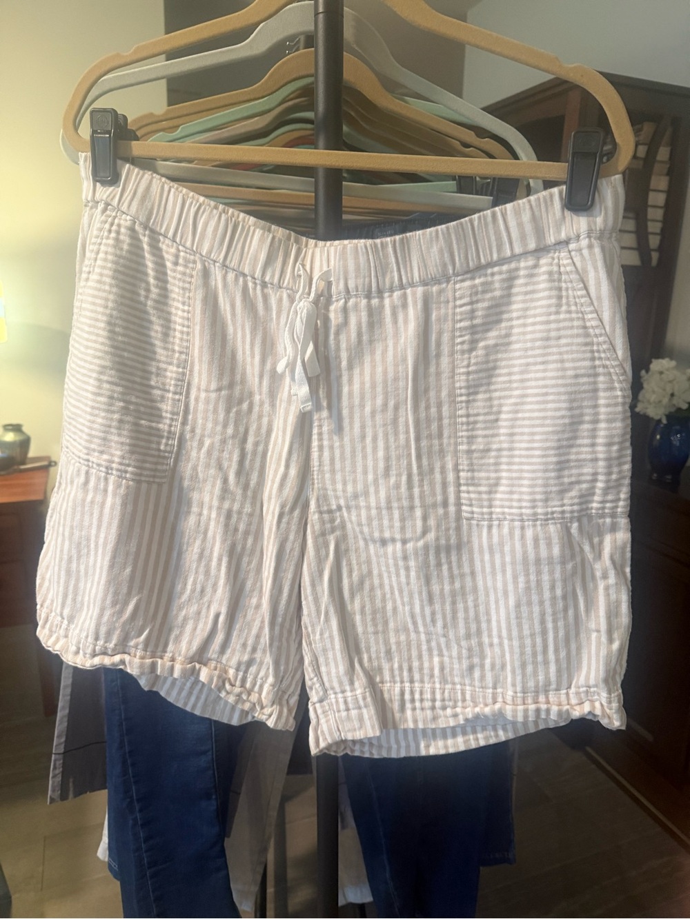 J. Jill White and Beige Striped Drawstring High-Waist Shorts